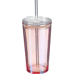 Drinkbeker Met Rietje Holo Roze - 650 ml